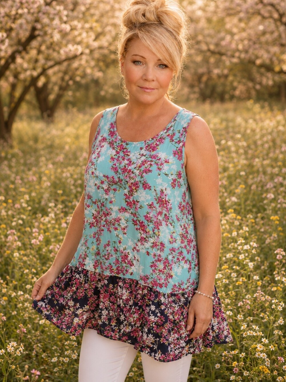 Avenue Aqua & Navy Floral Tiered Sleeveless Tunic